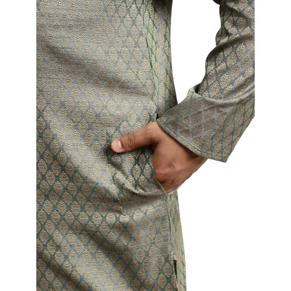 Sojanya Plus (Since 1958) Men's Jacquard Silk Teal Green Self Design Only Long Kurta -Size 48