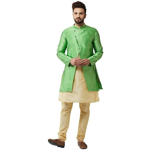 Sojanya (Since 1958, Men's Silk Blend Gold Kurta Churidaar Pyjama & Green Jacket Combo, Size 44