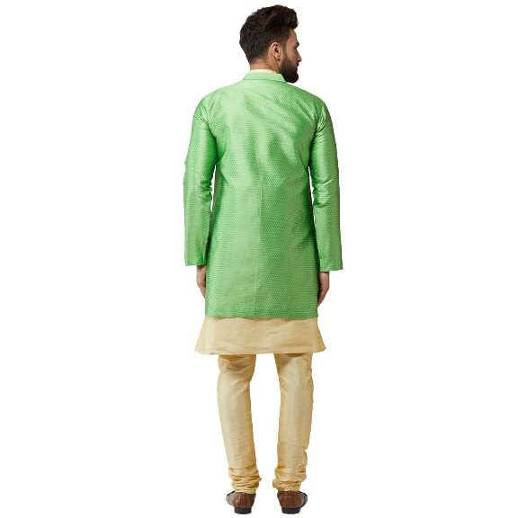 Sojanya (Since 1958, Men's Silk Blend Gold Kurta Churidaar Pyjama & Green Jacket Combo, Size 44