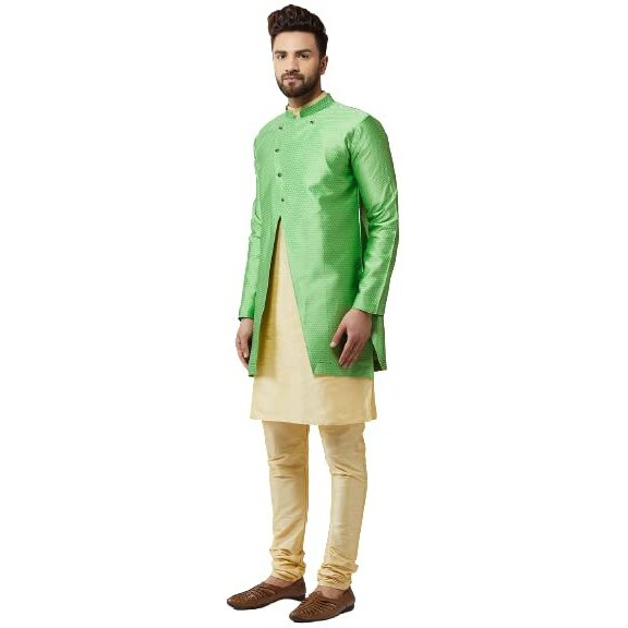Sojanya (Since 1958, Men's Silk Blend Gold Kurta Churidaar Pyjama & Green Jacket Combo, Size 44