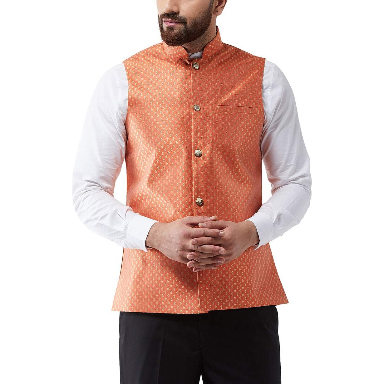 Sojanya (Since 1958 Men's Silk Blend Orange & Gold Self Design Nehru Jacket, Size 40