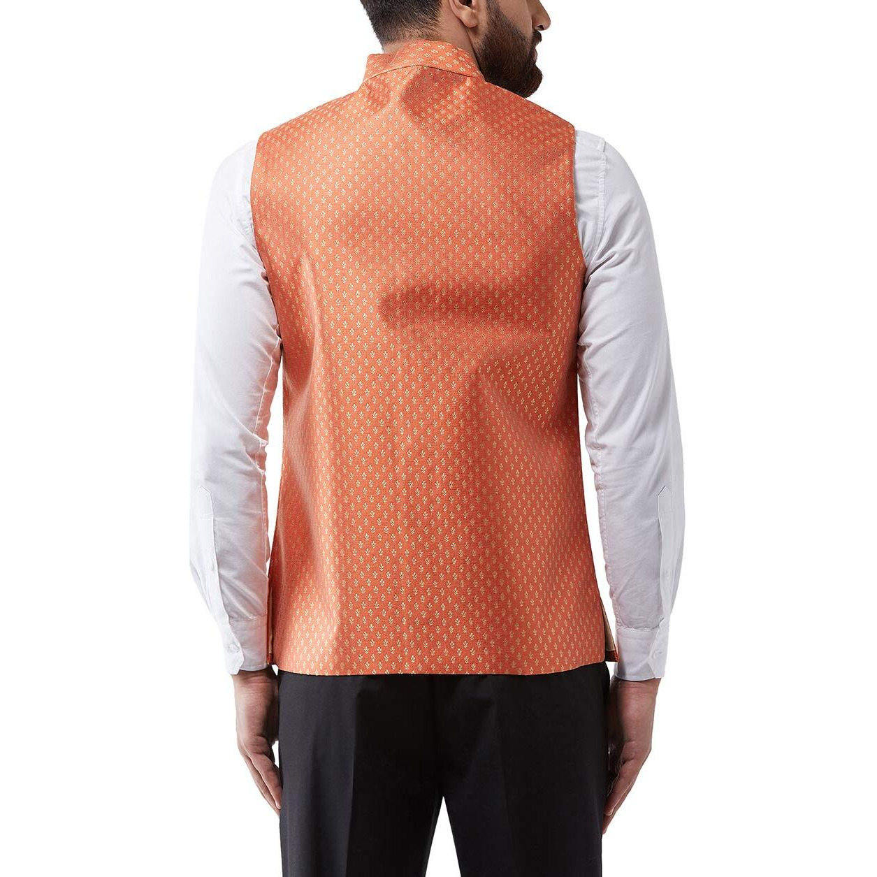 Sojanya (Since 1958 Men's Silk Blend Orange & Gold Self Design Nehru Jacket, Size 40