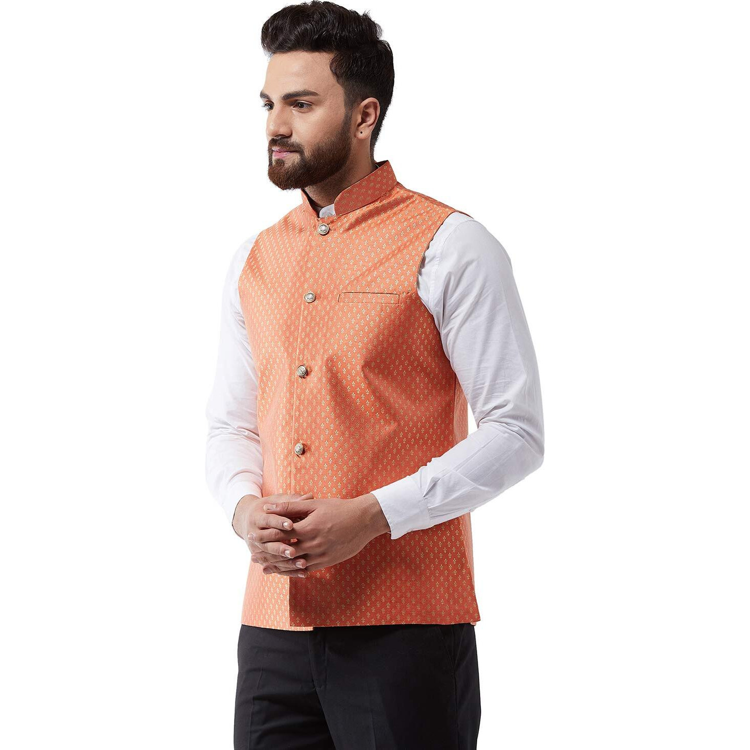 Sojanya (Since 1958 Men's Silk Blend Orange & Gold Self Design Nehru Jacket, Size 40