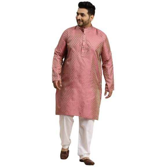 Sojanya Plus (Since 1958) Men's Jacquard Silk Pink Self Design Only Long Kurta -Size 48
