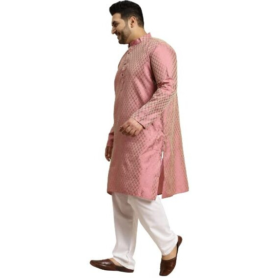 Sojanya Plus (Since 1958) Men's Jacquard Silk Pink Self Design Only Long Kurta -Size 48