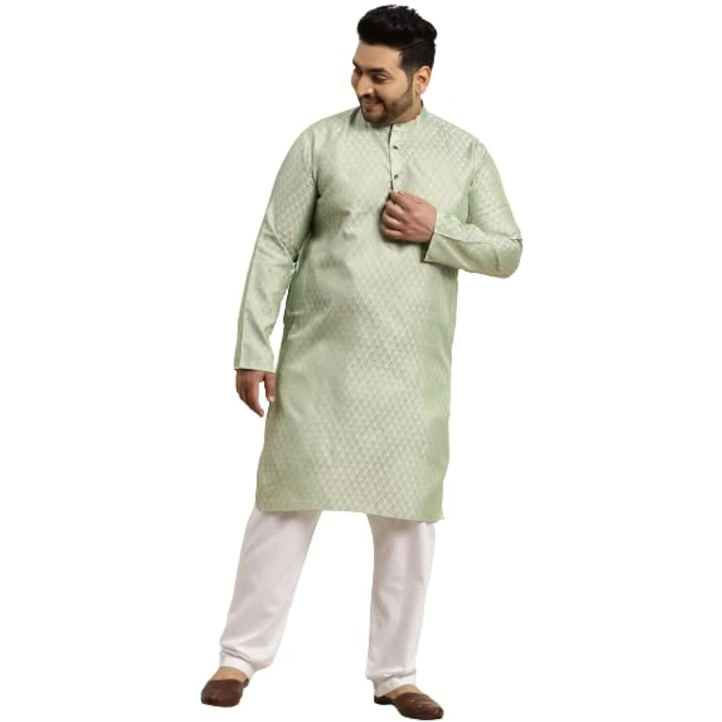Sojanya Plus (Since 1958) Men's Jacquard Silk Pista Green Self Design Only Long Kurta -Size 52