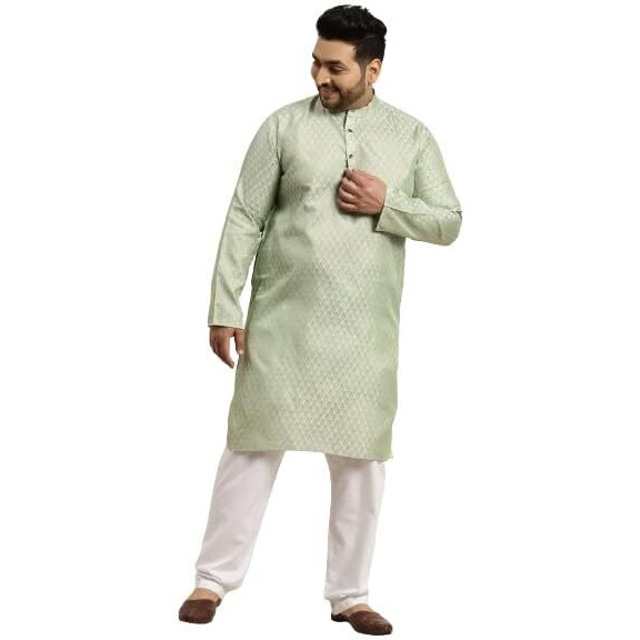Sojanya Plus (Since 1958) Men's Jacquard Silk Pista Green Self Design Only Long Kurta -Size 52