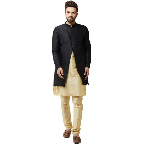 Sojanya (Since 1958, Men's Silk Blend Gold Kurta Churidaar Pyjama & Black Jacket Combo, Size 44