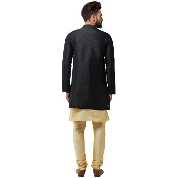 Sojanya (Since 1958, Men's Silk Blend Gold Kurta Churidaar Pyjama & Black Jacket Combo, Size 44