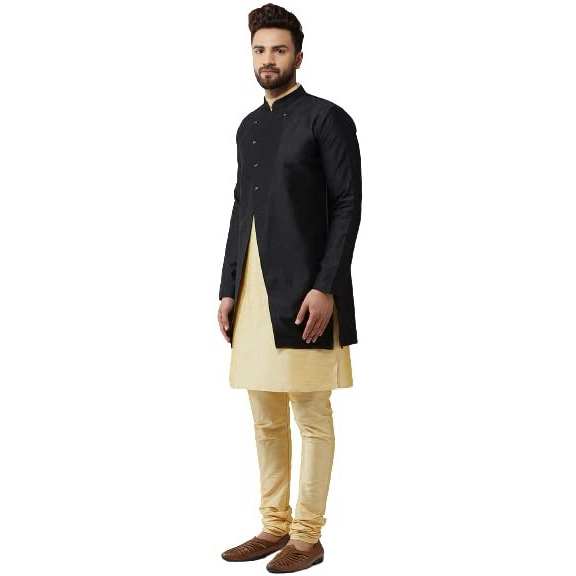 Sojanya (Since 1958, Men's Silk Blend Gold Kurta Churidaar Pyjama & Black Jacket Combo, Size 44