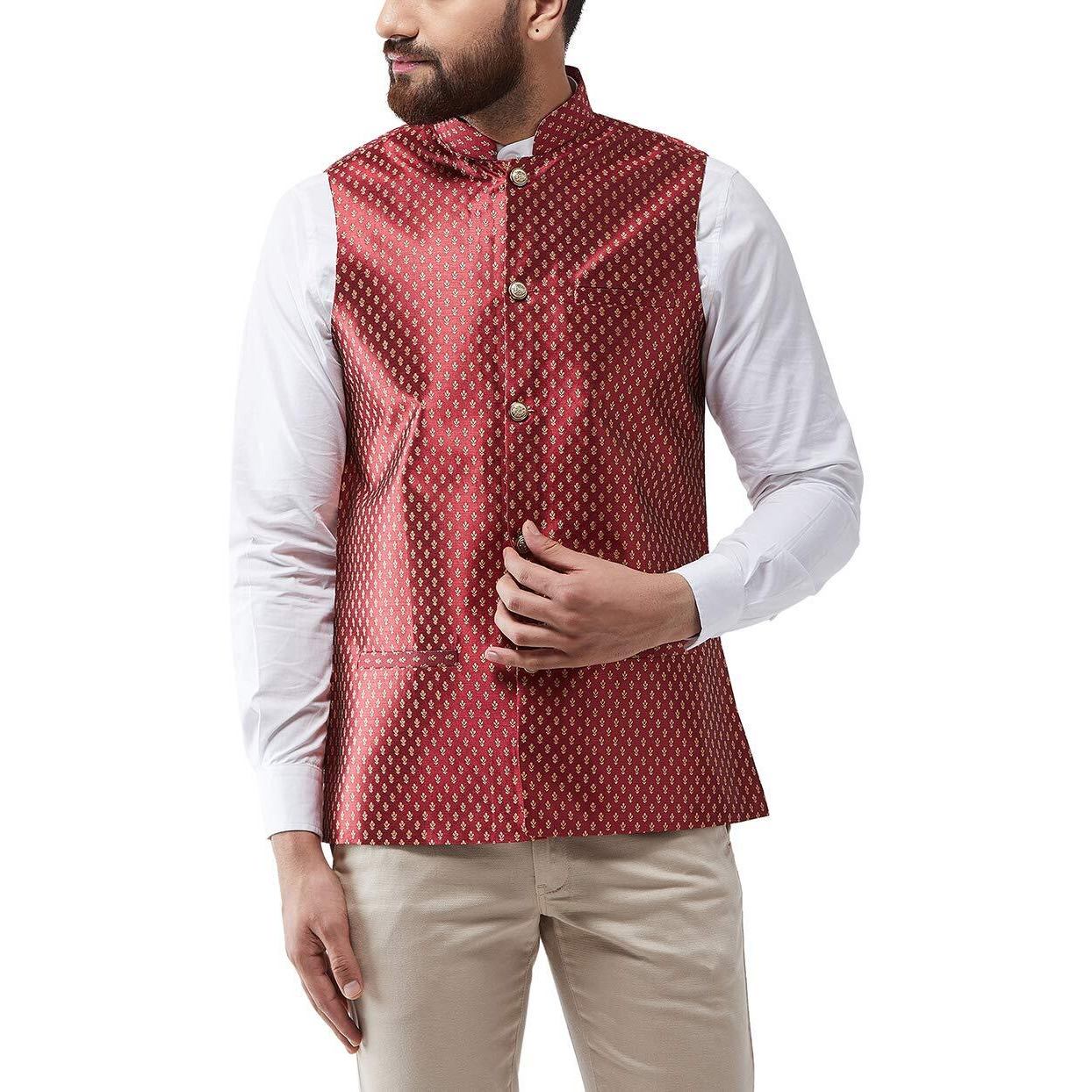 Sojanya (Since 1958 Men's Silk Blend Maroon & Gold Self Design Nehru Jacket, Size 38
