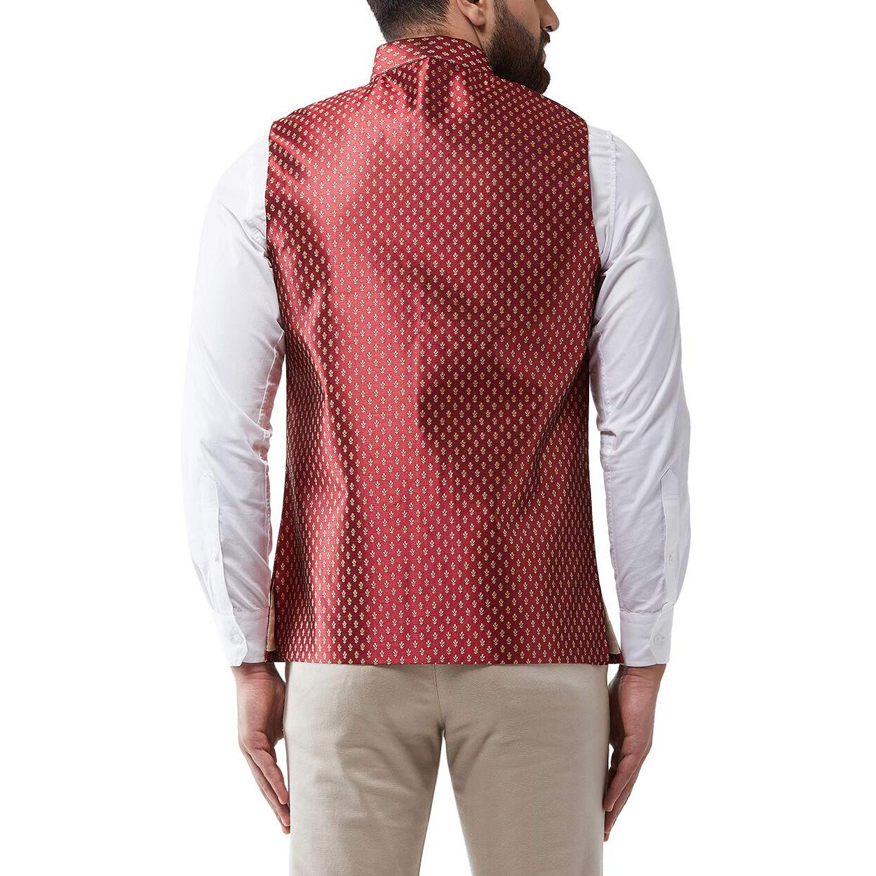 Sojanya (Since 1958 Men's Silk Blend Maroon & Gold Self Design Nehru Jacket, Size 38