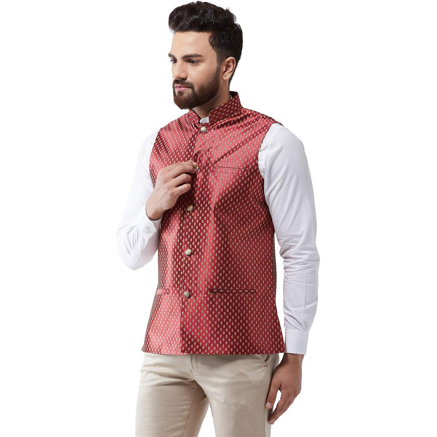 Sojanya (Since 1958 Men's Silk Blend Maroon & Gold Self Design Nehru Jacket, Size 38