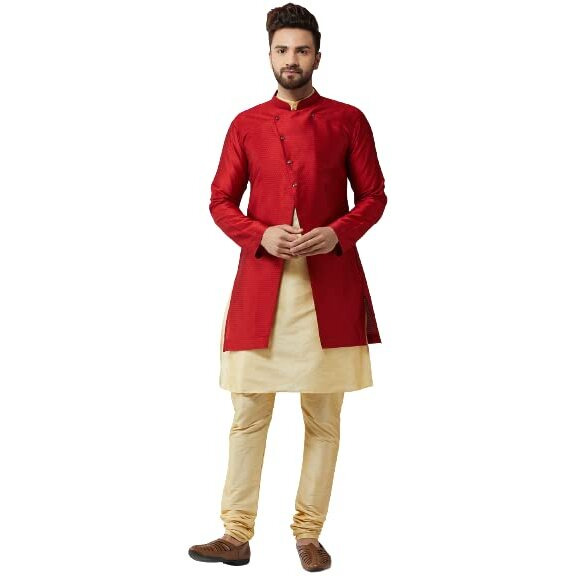 Sojanya (Since 1958, Men's Silk Blend Gold Kurta Churidaar Pyjama & Royal Blue Jacket Combo, Size 42
