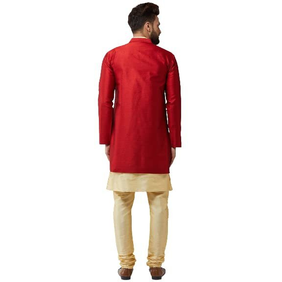 Sojanya (Since 1958, Men's Silk Blend Gold Kurta Churidaar Pyjama & Royal Blue Jacket Combo, Size 42