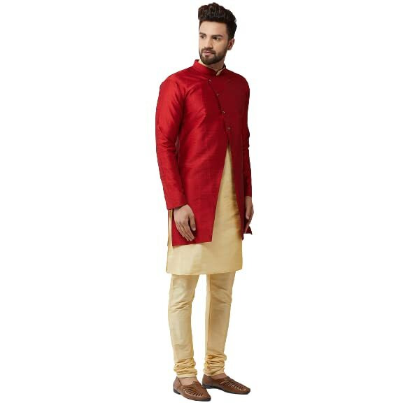 Sojanya (Since 1958, Men's Silk Blend Gold Kurta Churidaar Pyjama & Royal Blue Jacket Combo, Size 42