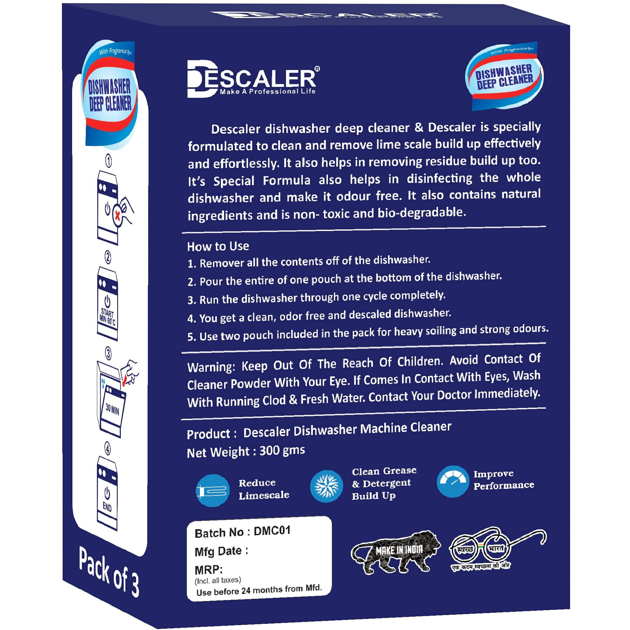 Descaler Dishwasher Cleaner & Descaler | Cleans, Descales & Disinfects 300 Gms  Pack Contains 3 Pouches | Remove Hard Water Build Up Lime Scale & Rust, Leaves Dishes & Glass Ware Spot Free (300Gram)
