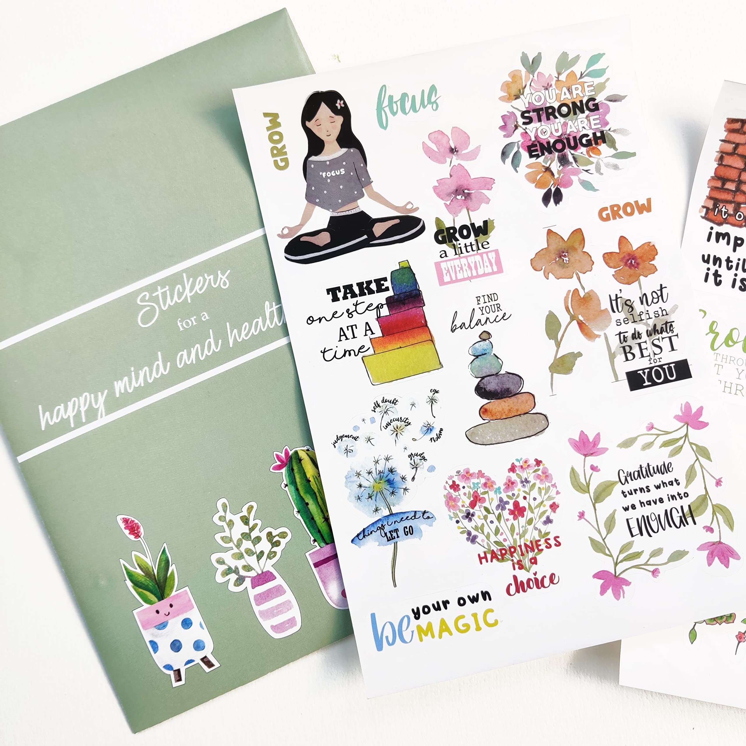 Anujarusiya Happy Mind & Healthy Body Stickers - 60 Laminated Journaling Stickers For Scrapbooking & Crafts | Self-Adhesive Paper Decals For Vision Boards & Planner Decorations