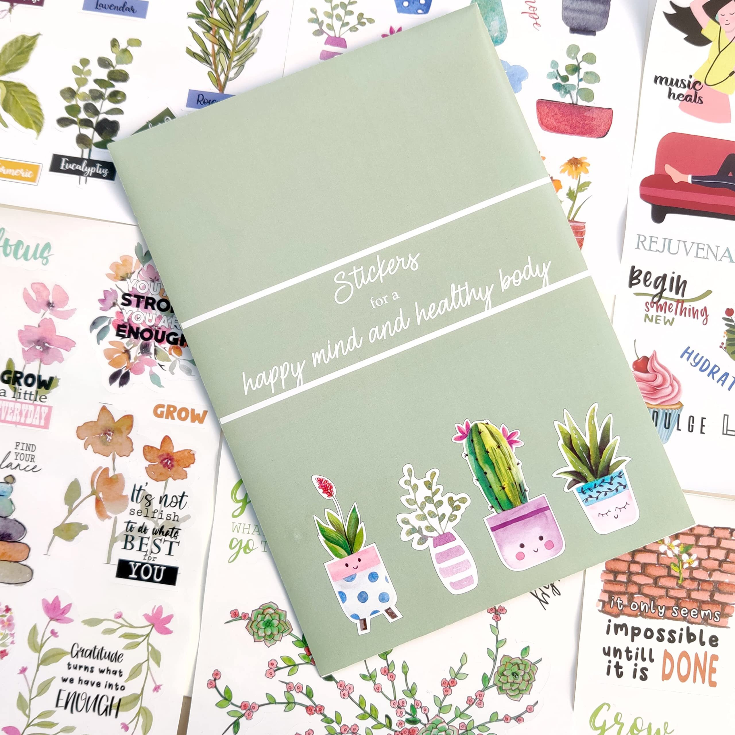 Anujarusiya Happy Mind & Healthy Body Stickers - 60 Laminated Journaling Stickers For Scrapbooking & Crafts | Self-Adhesive Paper Decals For Vision Boards & Planner Decorations