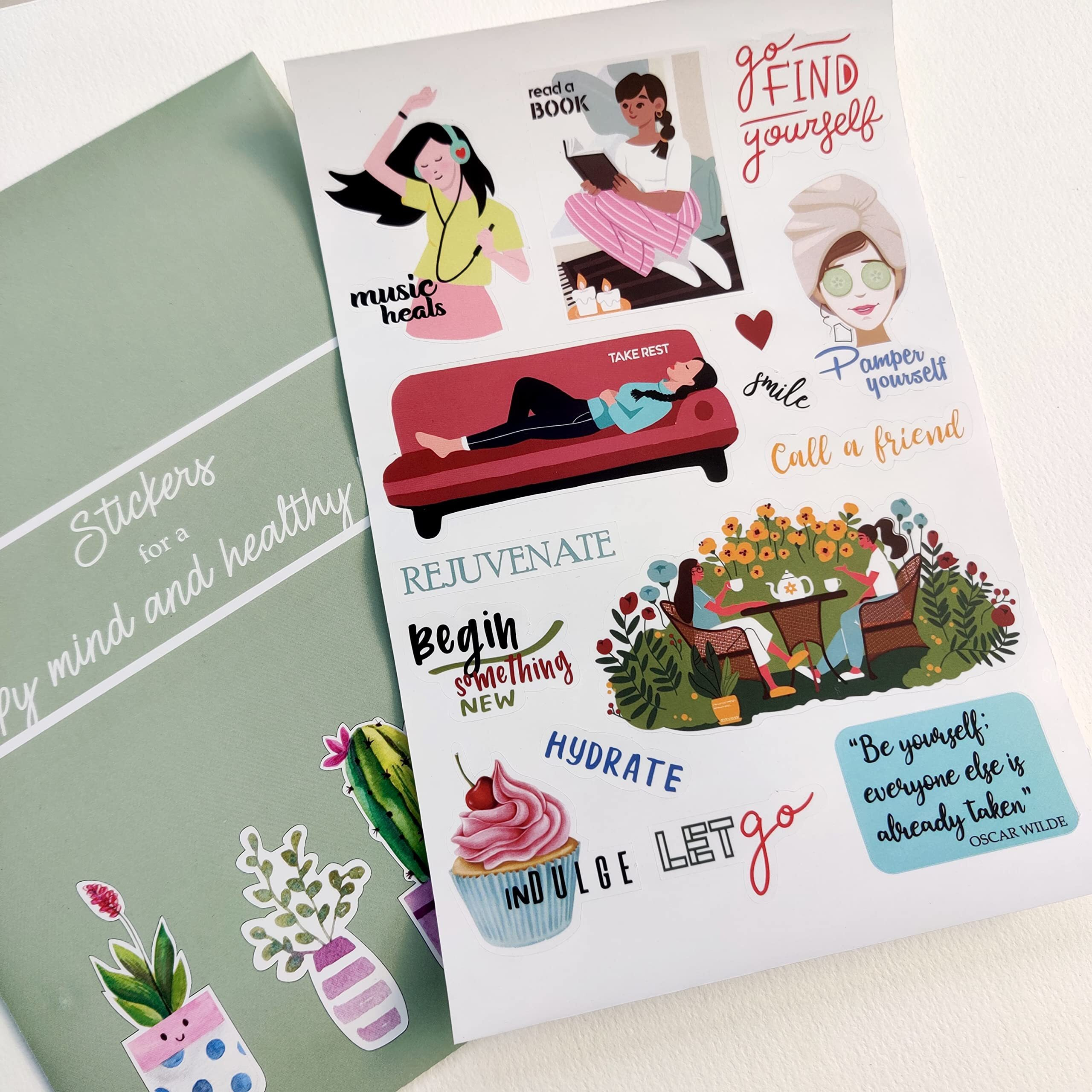 Anujarusiya Happy Mind & Healthy Body Stickers - 60 Laminated Journaling Stickers For Scrapbooking & Crafts | Self-Adhesive Paper Decals For Vision Boards & Planner Decorations