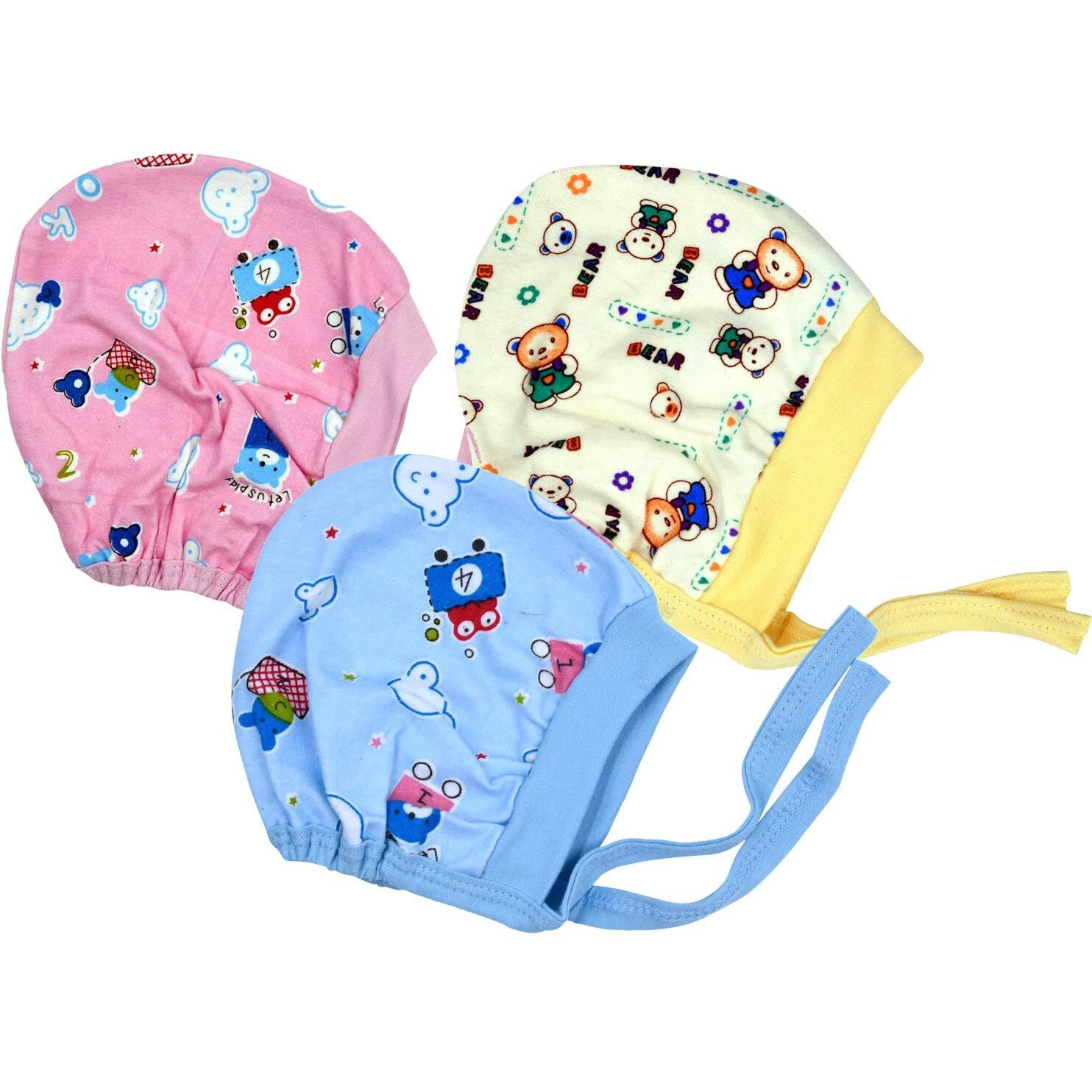 Baby Atlas Soft And Pure Cotton Printed Knot Closer Caps For Baby Boy's And Girl's Pack Of 3 (12-18 Months, Multicolored) Multicolour
