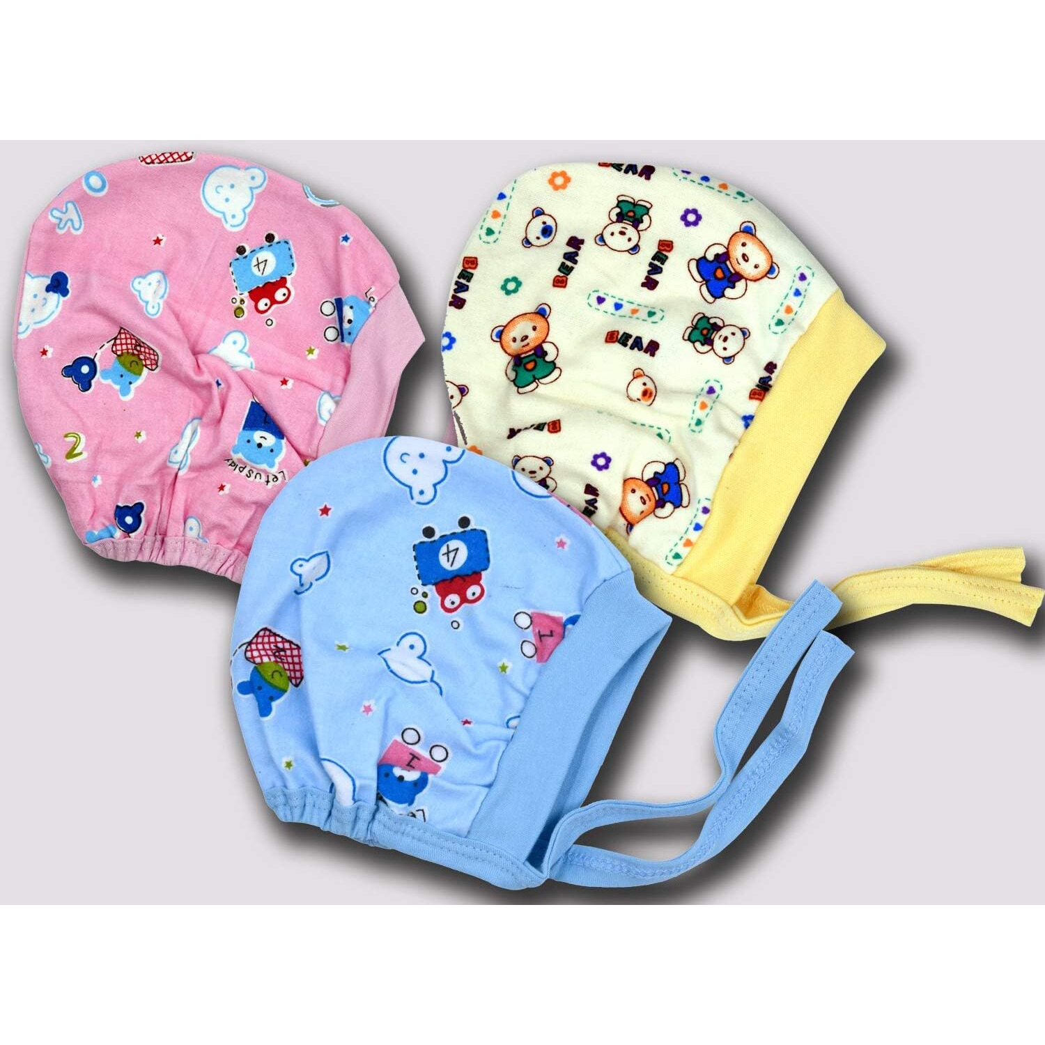 Baby Atlas Soft And Pure Cotton Printed Knot Closer Caps For Baby Boy's And Girl's Pack Of 3 (12-18 Months, Multicolored) Multicolour