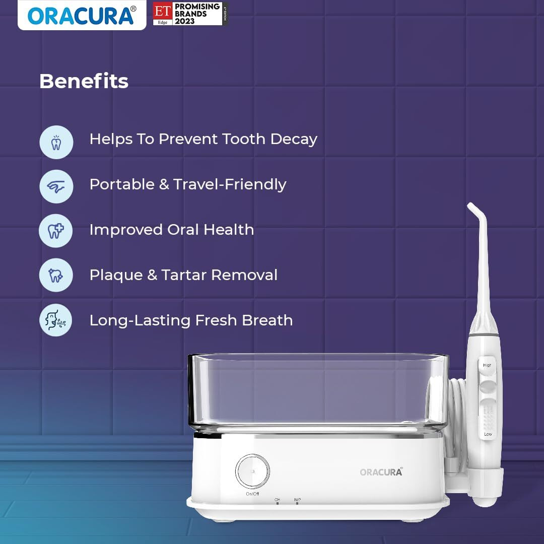Oracura Oc450 Dental Pro Countertop Smart Water Flosser White | 365 Days Warranty | 2 Modes With 0-100% Adjustable Water Pressure Settings | 450Ml Water Tank | 30-Day Battery Life | 8 Nozzle Tips