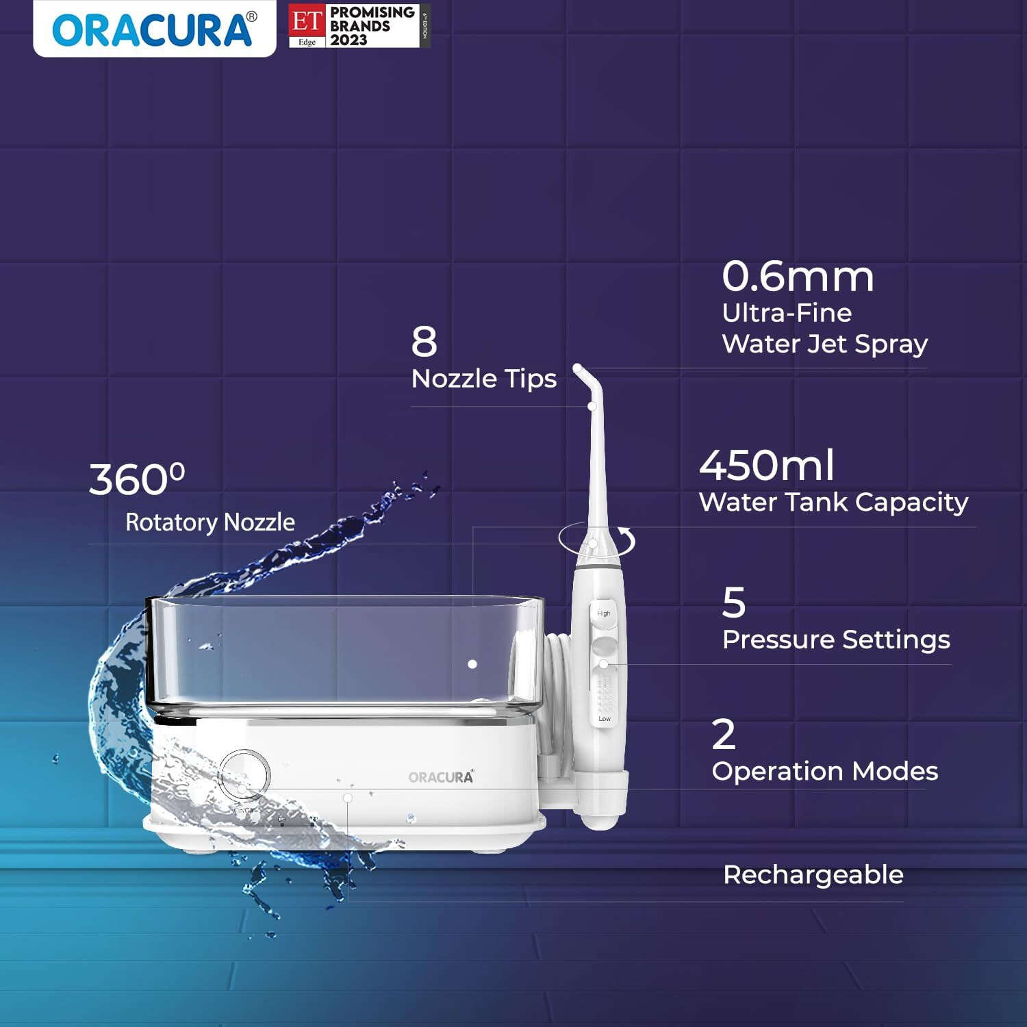 Oracura Oc450 Dental Pro Countertop Smart Water Flosser White | 365 Days Warranty | 2 Modes With 0-100% Adjustable Water Pressure Settings | 450Ml Water Tank | 30-Day Battery Life | 8 Nozzle Tips