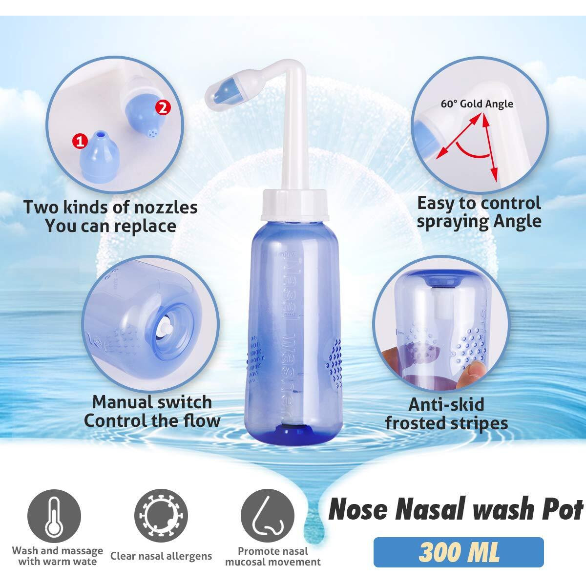 Rehtrad 300Ml Jal Neti PotsNasal CleanerNasal Wash System Nose Wash Bottle With On/Off Lock Button Sinus Rinse For Adults Children Nose Care (300 Ml)