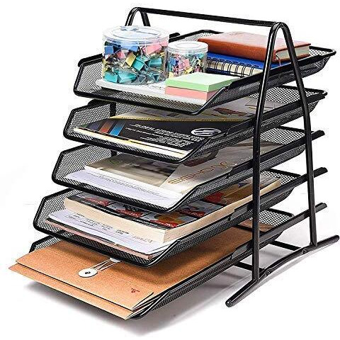 Soldtrue Countertop 5 Tier Mesh Metal Desk Organiser File Rack Letter Tray A4 Papers Documents Holder Desk Organizer For Office-Black, Sliding Shelf