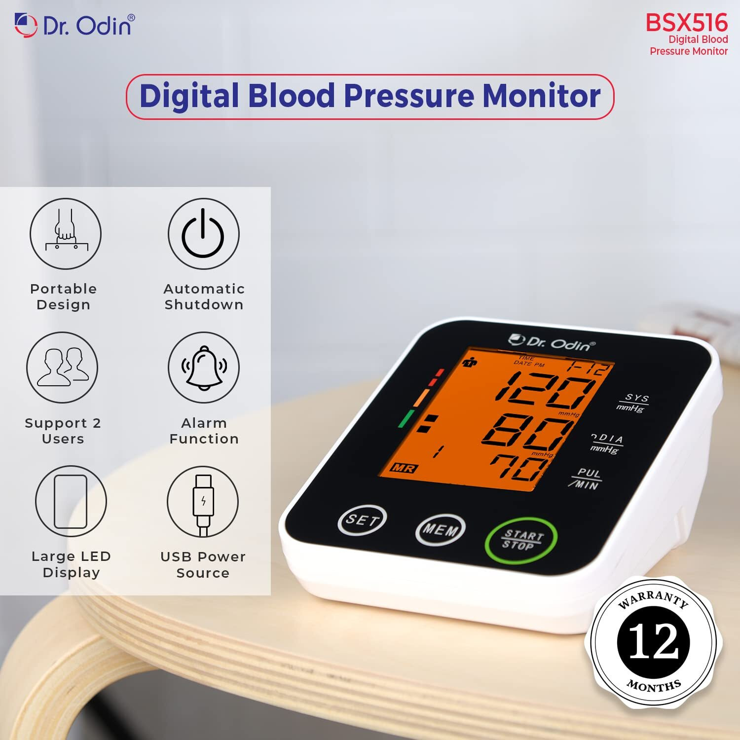 Dr. Odin Digital Blood Pressure Monitor 516 (Ce & Iso Certified, Fda Approved, Intelligent Pressure, Automatic Shutdown, Large Lcd With Yellow Backlight, Usb Port, Memory 99 X 2) (Black & White)