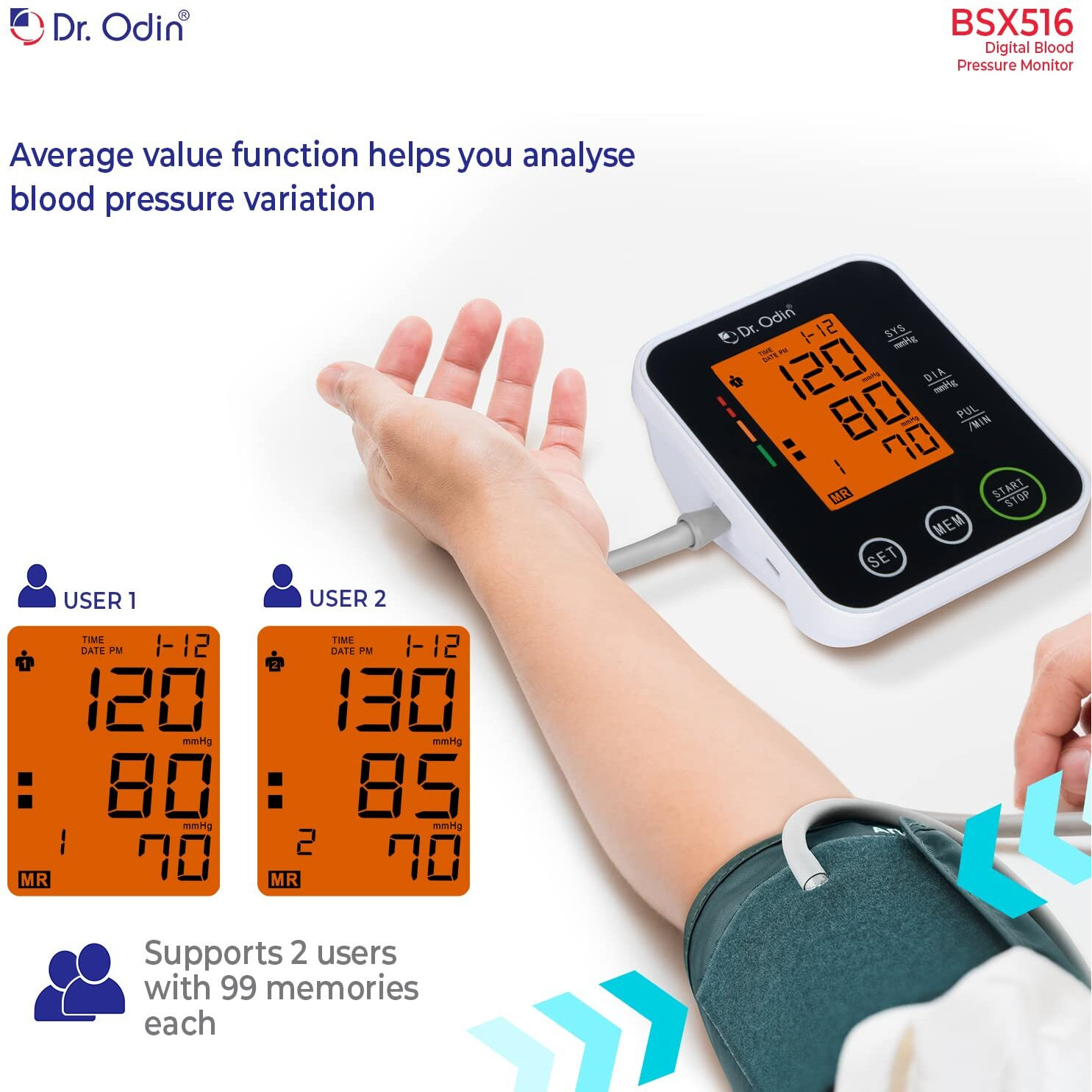 Dr. Odin Digital Blood Pressure Monitor 516 (Ce & Iso Certified, Fda Approved, Intelligent Pressure, Automatic Shutdown, Large Lcd With Yellow Backlight, Usb Port, Memory 99 X 2) (Black & White)