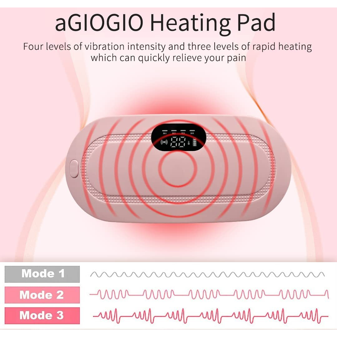 Agiogio Portable Cordless Heating Pad For Menstrual Cramps Relief, Heating Pad For Stomach, 3-Speed Temperature Adjustment And 4-Speed Massage Modes, Back And Belly Heating Pad For Women(Pink)
