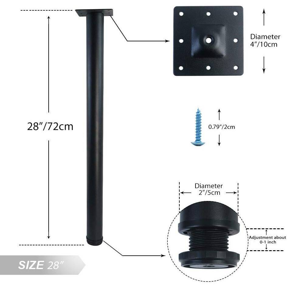 Qlly 28 Inch Adjustable Metal Desk Legs, Office Table Furniture Leg Set, Square Mounting Plate, Set Of 4 (Matt Black)
