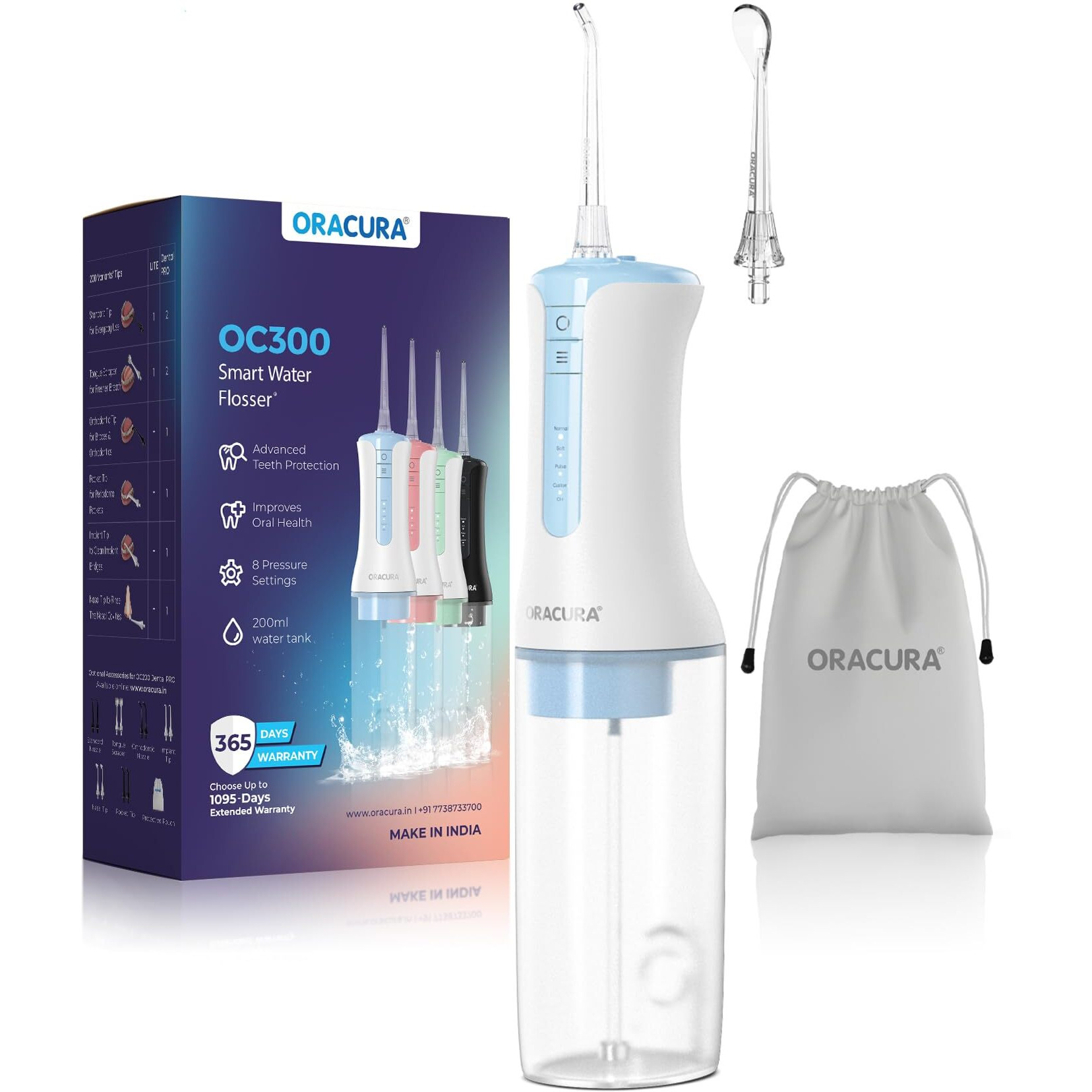 Oracura Oc300 Lite Smart Pro Water Flosser Blue | 365 Days Warranty | 4 Modes | Micro-Bubble Technology | 2 Nozzle Tips | 4 Vibrant Colours | 300Ml Water Tank