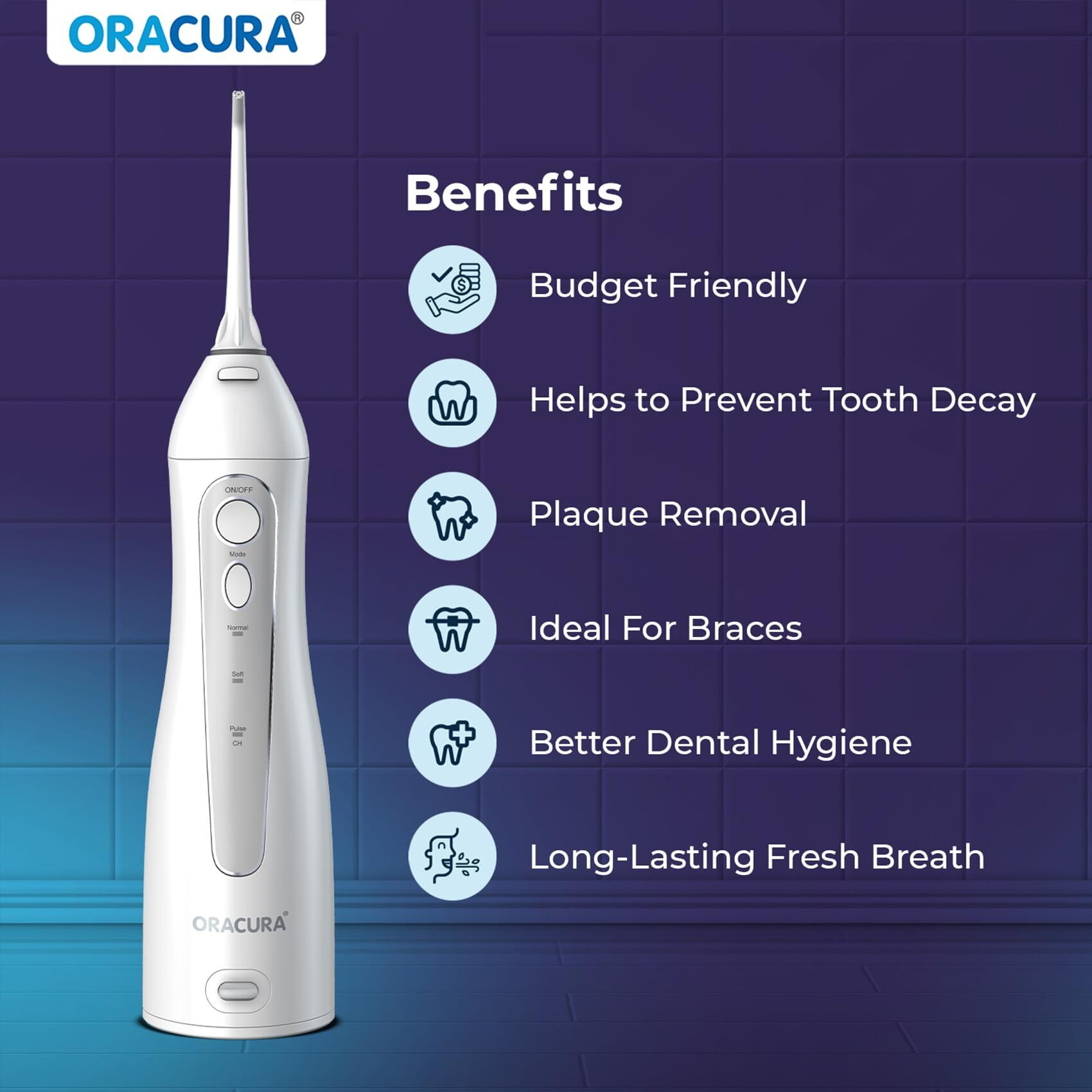 Oracura Smart Water Flosser Oc150 Lite With 150Ml Water Tank Capacity White | Portable & Rechargeable | Ipx7 Waterproof | 3 Modes | Flossing At Home And Travel | 365 Days Warranty