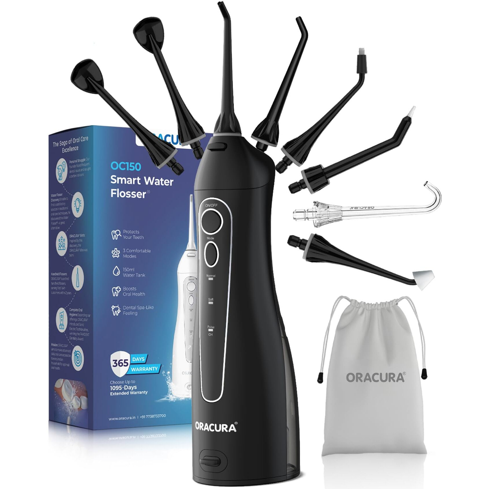 Oracura Oc150 Dental Pro Smart Water Flosser Black, 150Ml Water Tank Capacity, Portable & Rechargeable, 3 Modes, 365 Days Warranty