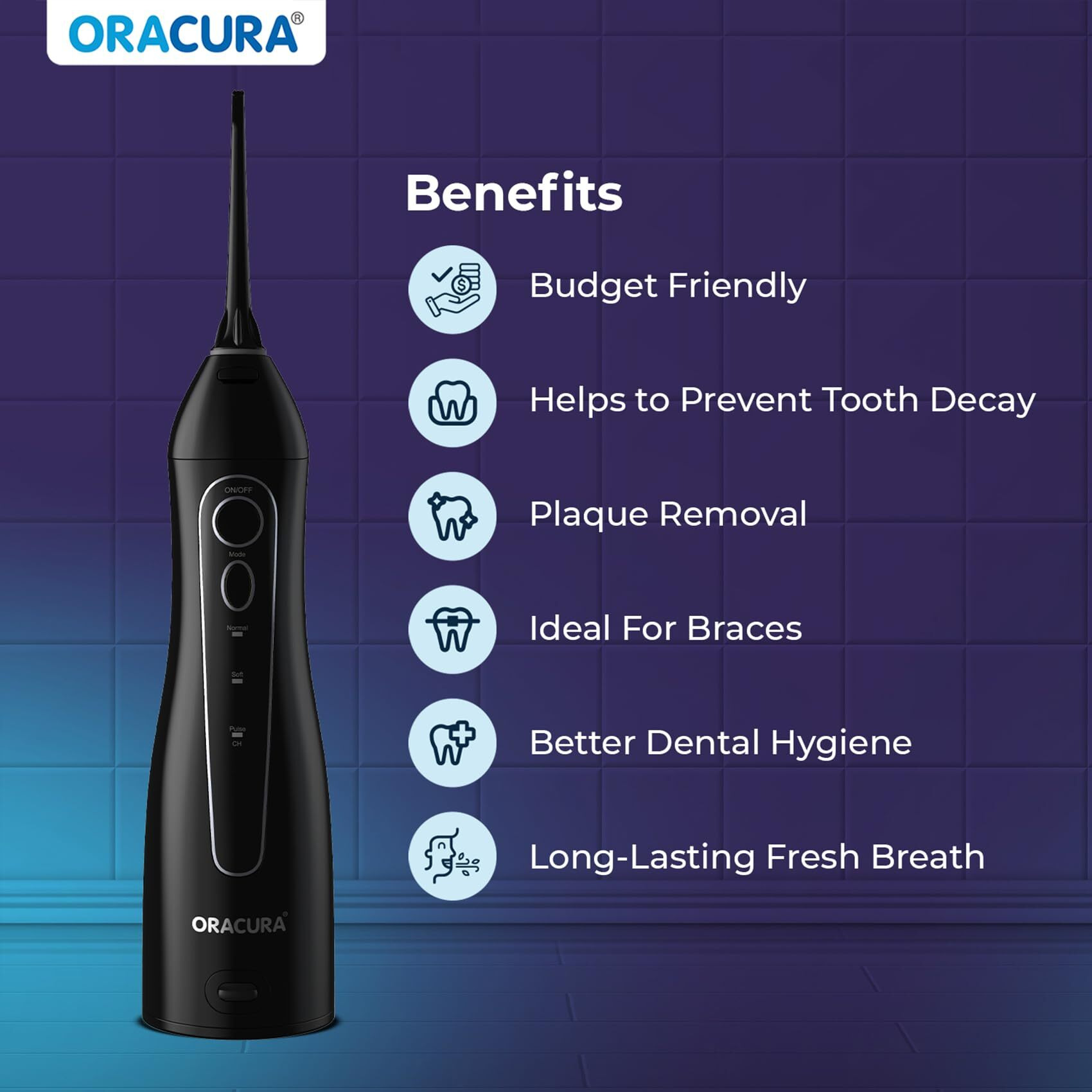 Oracura Oc150 Dental Pro Smart Water Flosser Black, 150Ml Water Tank Capacity, Portable & Rechargeable, 3 Modes, 365 Days Warranty