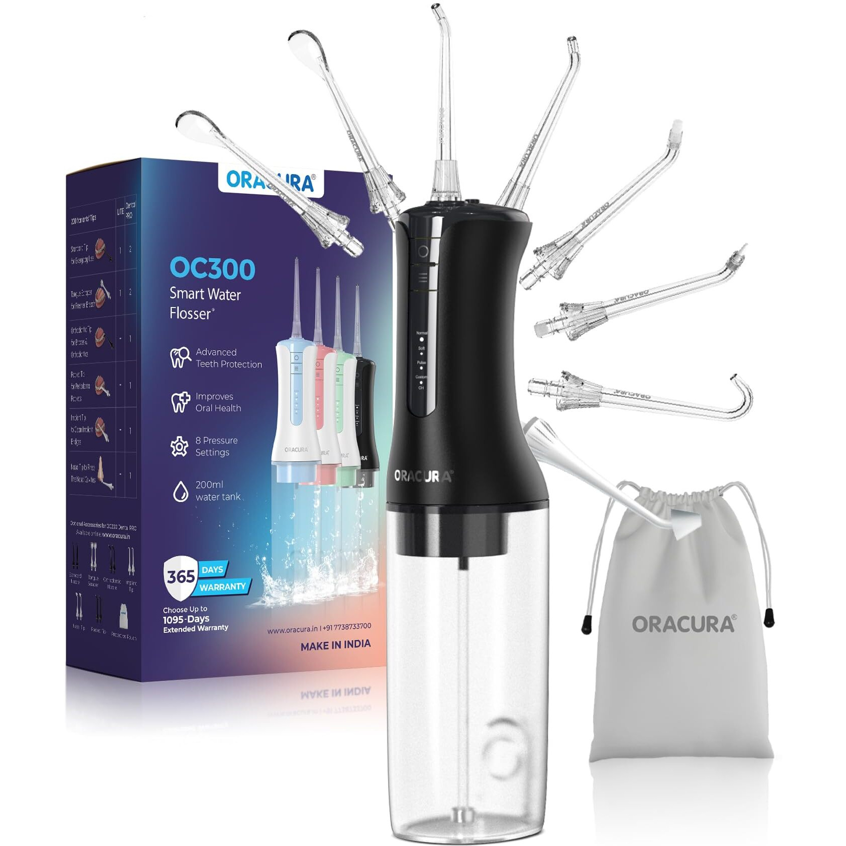 Oracura Oc300 Pro Smart Pro Water Flosser Black | 365 Days Warranty | 4 Modes | Micro-Bubble Technology | 8 Nozzle Tip | 4 Vibrant Colours | 300Ml Water Tank