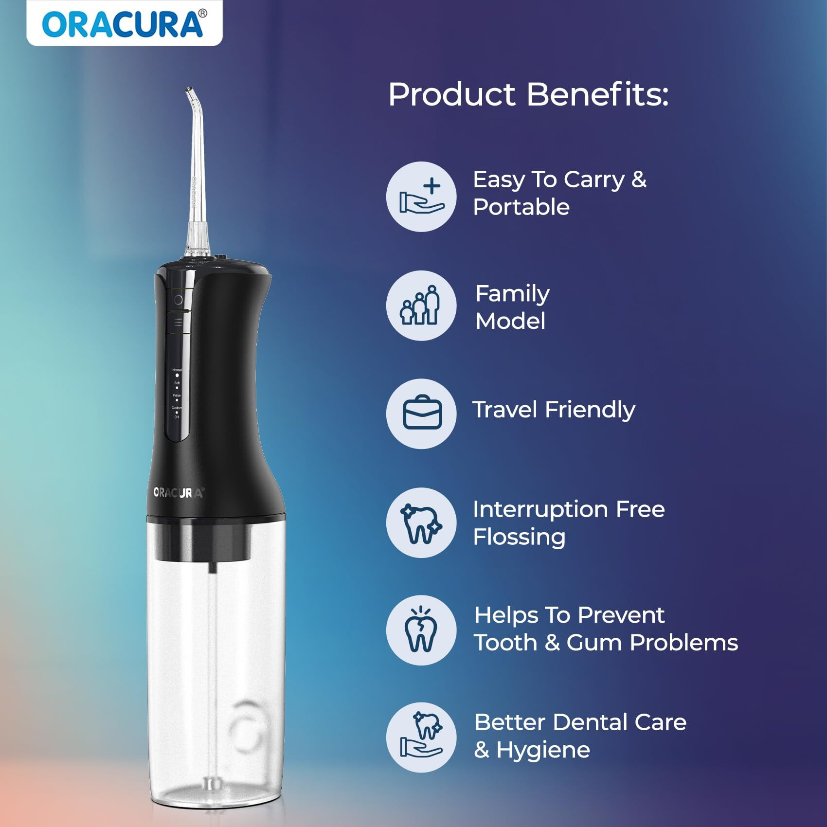 Oracura Oc300 Pro Smart Pro Water Flosser Black | 365 Days Warranty | 4 Modes | Micro-Bubble Technology | 8 Nozzle Tip | 4 Vibrant Colours | 300Ml Water Tank