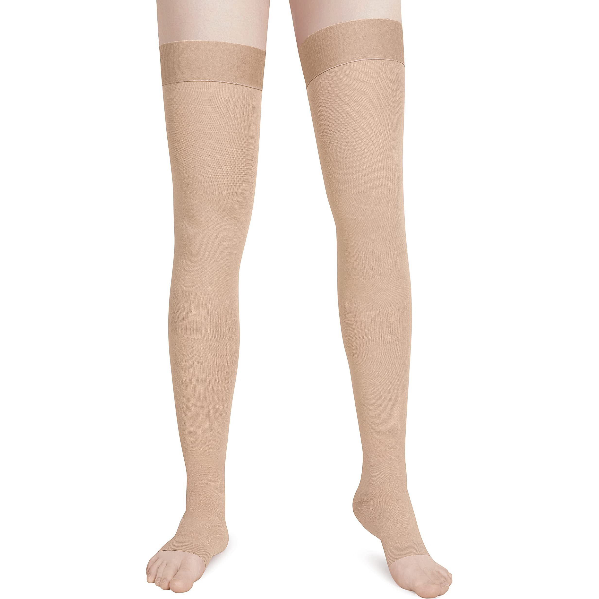 Women's Medical Thigh High Open Toe Compression Stockings With Silicone Band Graduated Firm Support 20-30Mmhg 15-20Mmhg-Moderate Toeless Thigh High Compression Stockings For Veins,Edema (S, Beige)