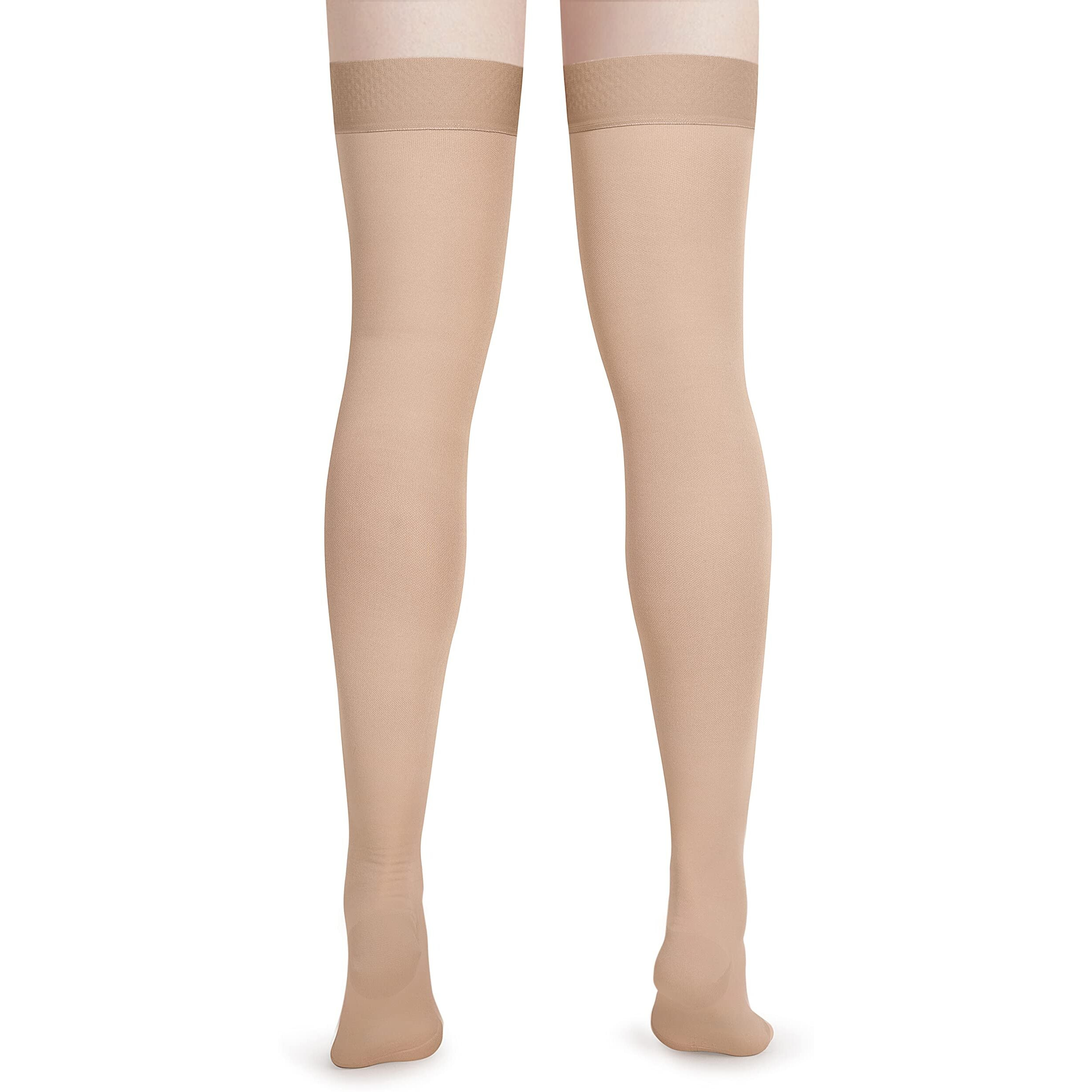 Women's Medical Thigh High Open Toe Compression Stockings With Silicone Band Graduated Firm Support 20-30Mmhg 15-20Mmhg-Moderate Toeless Thigh High Compression Stockings For Veins,Edema (S, Beige)
