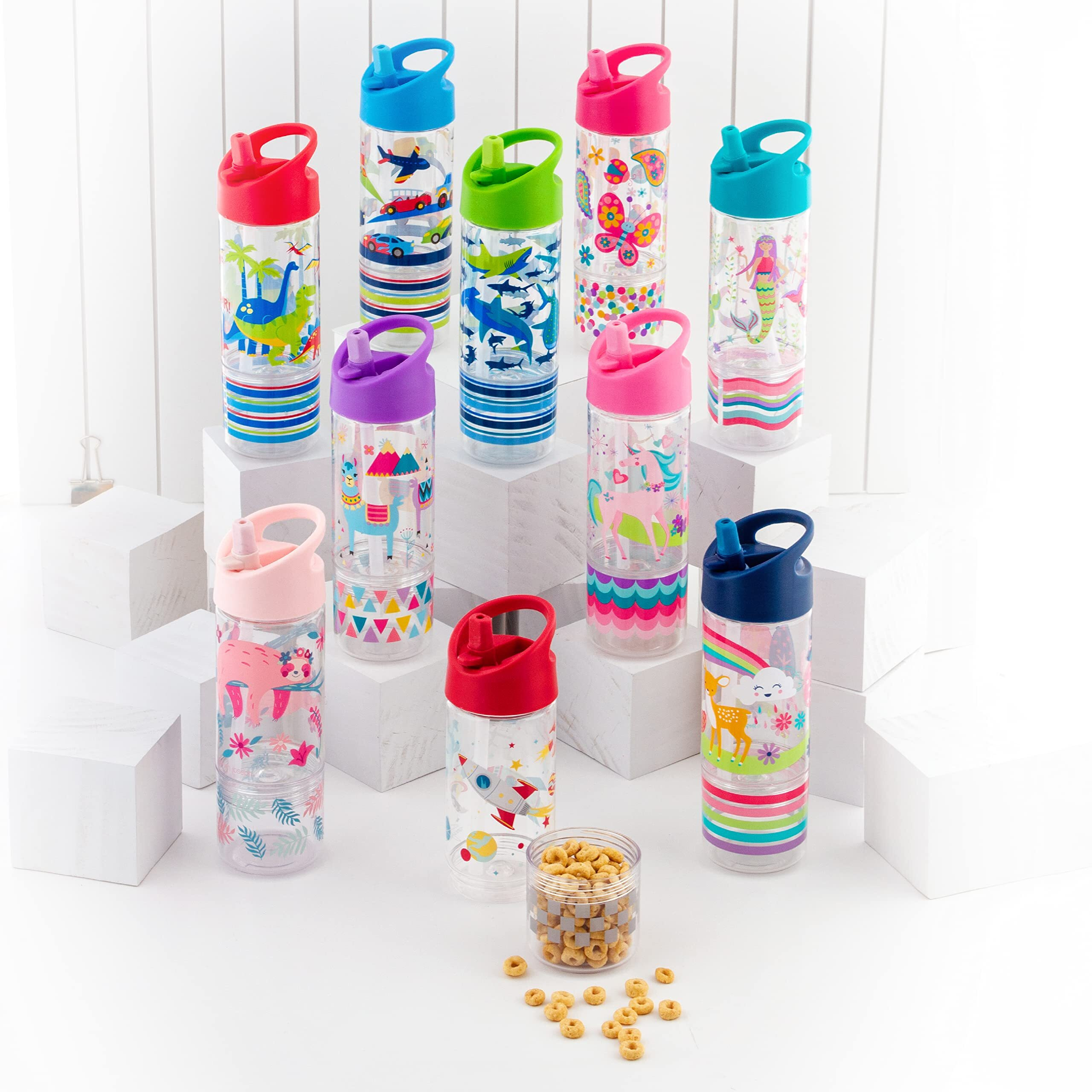 Stephen Joseph Sip And Snack Flip Top Transportation, Phthalate And Pvc-Free, Easy Open And Lightweight With Snack Compartment, Leak-Proof Water Bottle With Cute Design For Girls & Boys