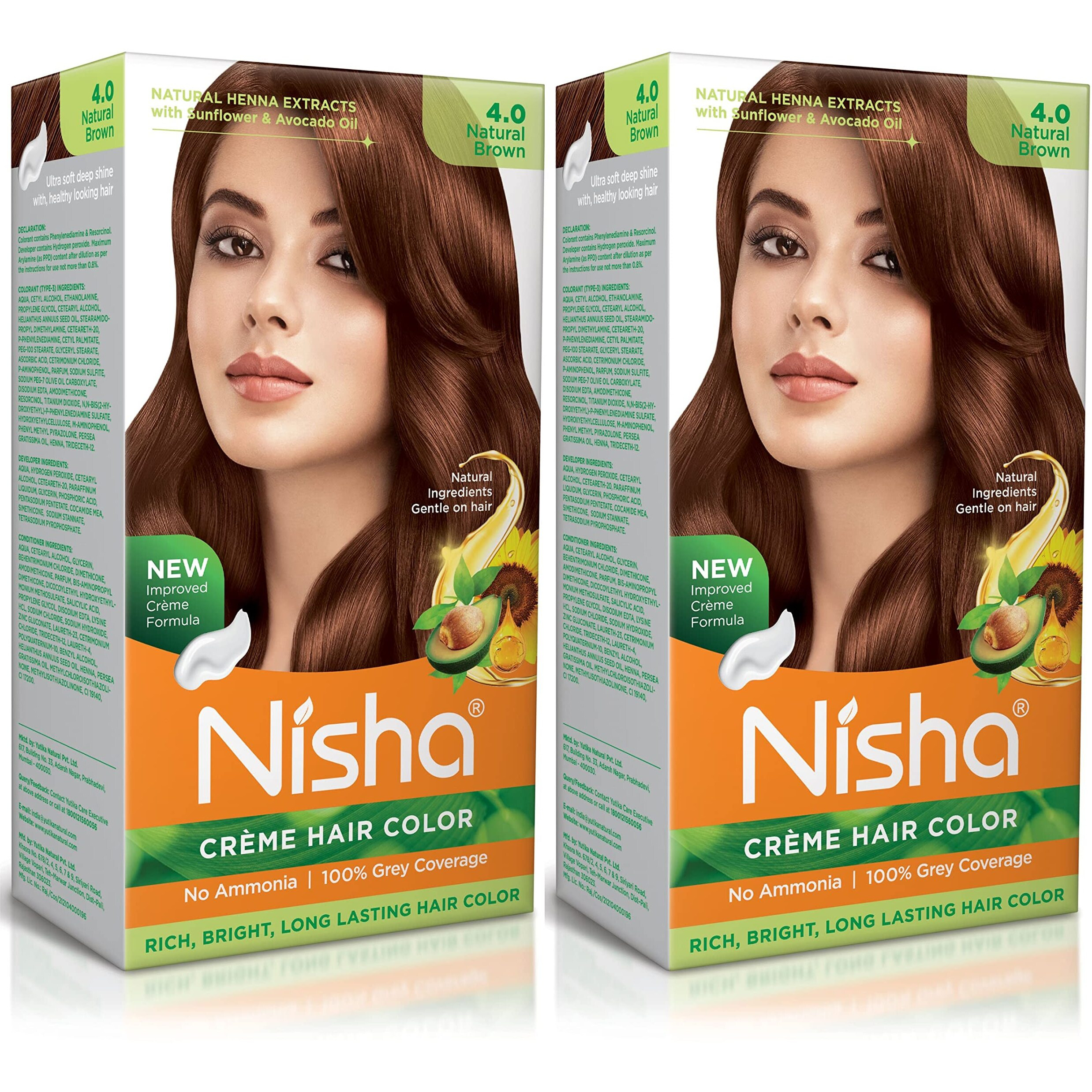 Nisha Creme Hair Color Natural Brown, Permanent Hair Colour For Women Men, No Ammonia, Ultra Soft Deep Shine, 100% Grey Coverage, 4.0 Natural Brown Hair Colour 120Gm Pack Of 2