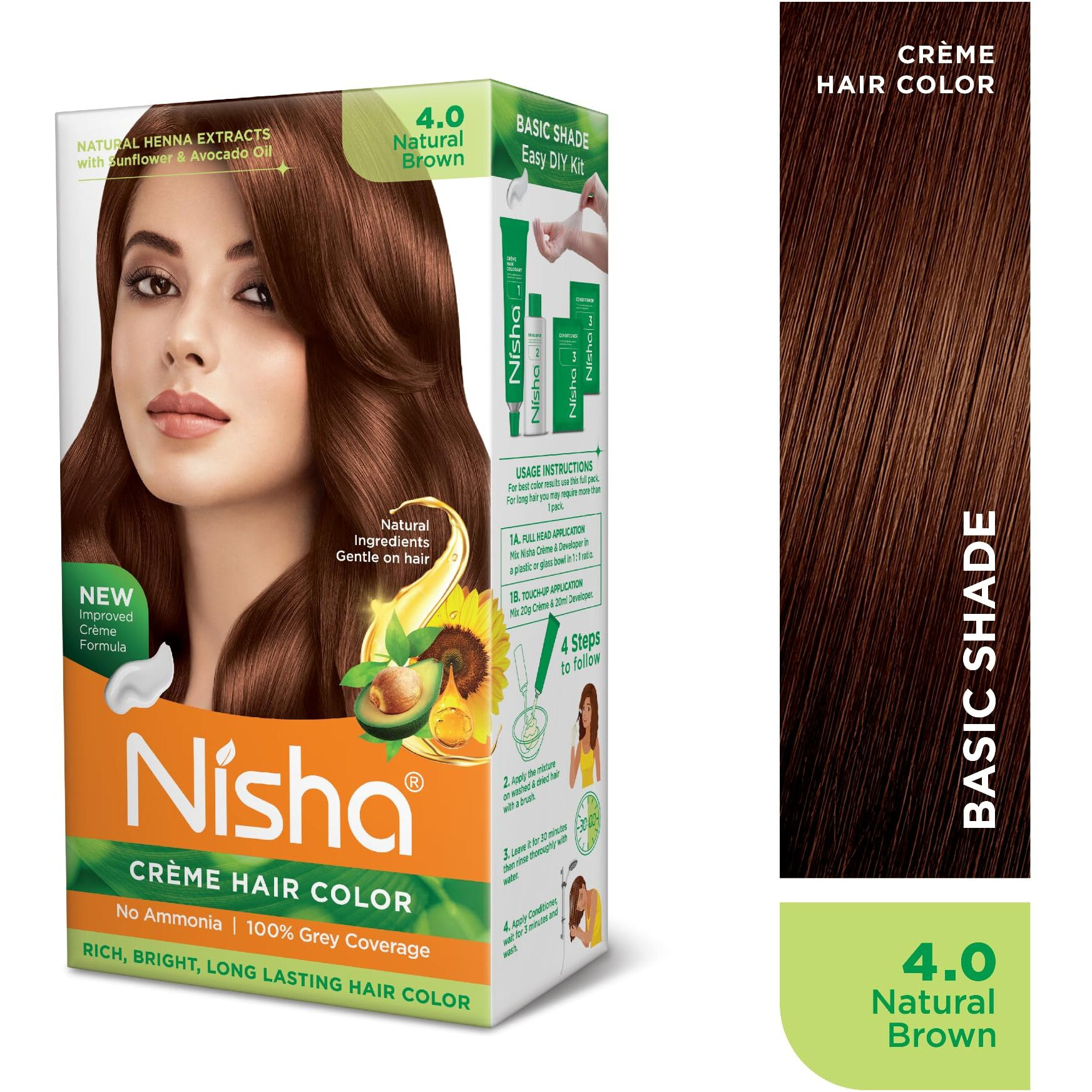 Nisha Creme Hair Color Natural Brown, Permanent Hair Colour For Women Men, No Ammonia, Ultra Soft Deep Shine, 100% Grey Coverage, 4.0 Natural Brown Hair Colour 120Gm Pack Of 2