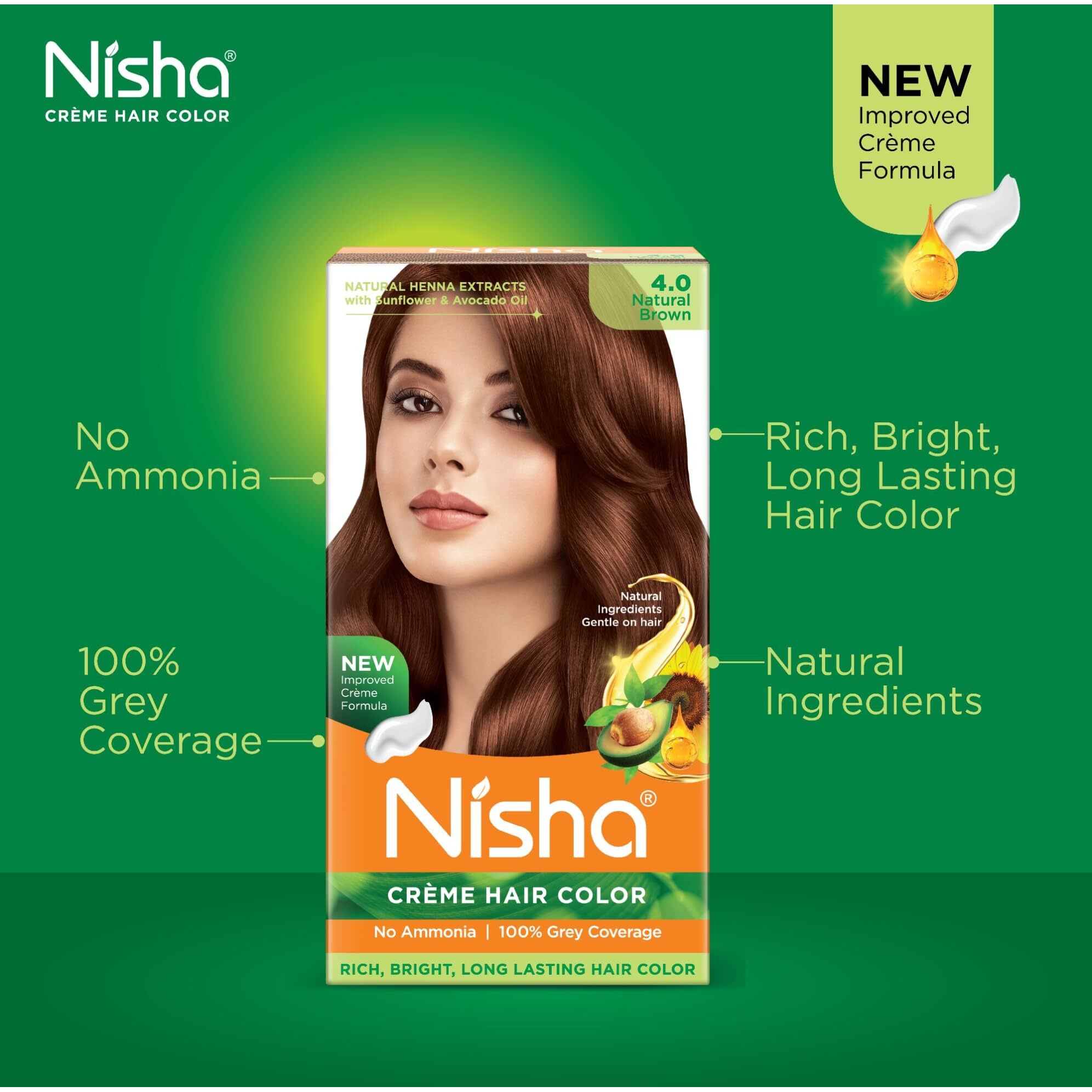 Nisha Creme Hair Color Natural Brown, Permanent Hair Colour For Women Men, No Ammonia, Ultra Soft Deep Shine, 100% Grey Coverage, 4.0 Natural Brown Hair Colour 120Gm Pack Of 2