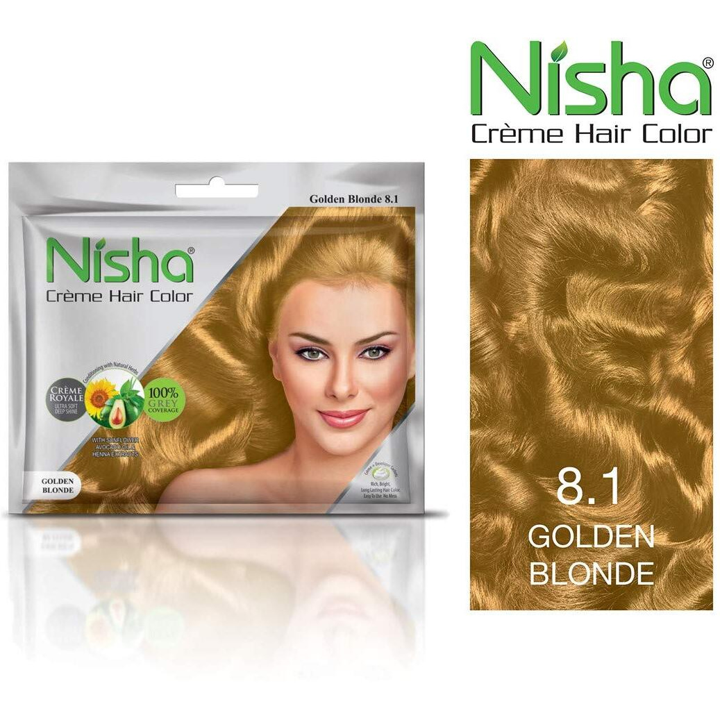 Nisha Cream Hair Color Rich Bright Long Lasting Hair Colouring For Ultra Soft Deep Shine 100% Grey Coverage Conditioning With Natural Herbs Golden Blonde (Pack Of 6)