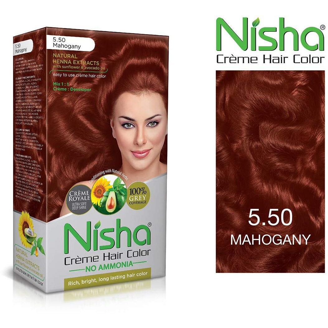 Nisha Creme Hair Colour, Permanent Hair Color Mahogany, Silky & Shiny 100% Grey Coverage & Ammonia Free Hair Dye With Natural Henna Extract, 60G+60Ml