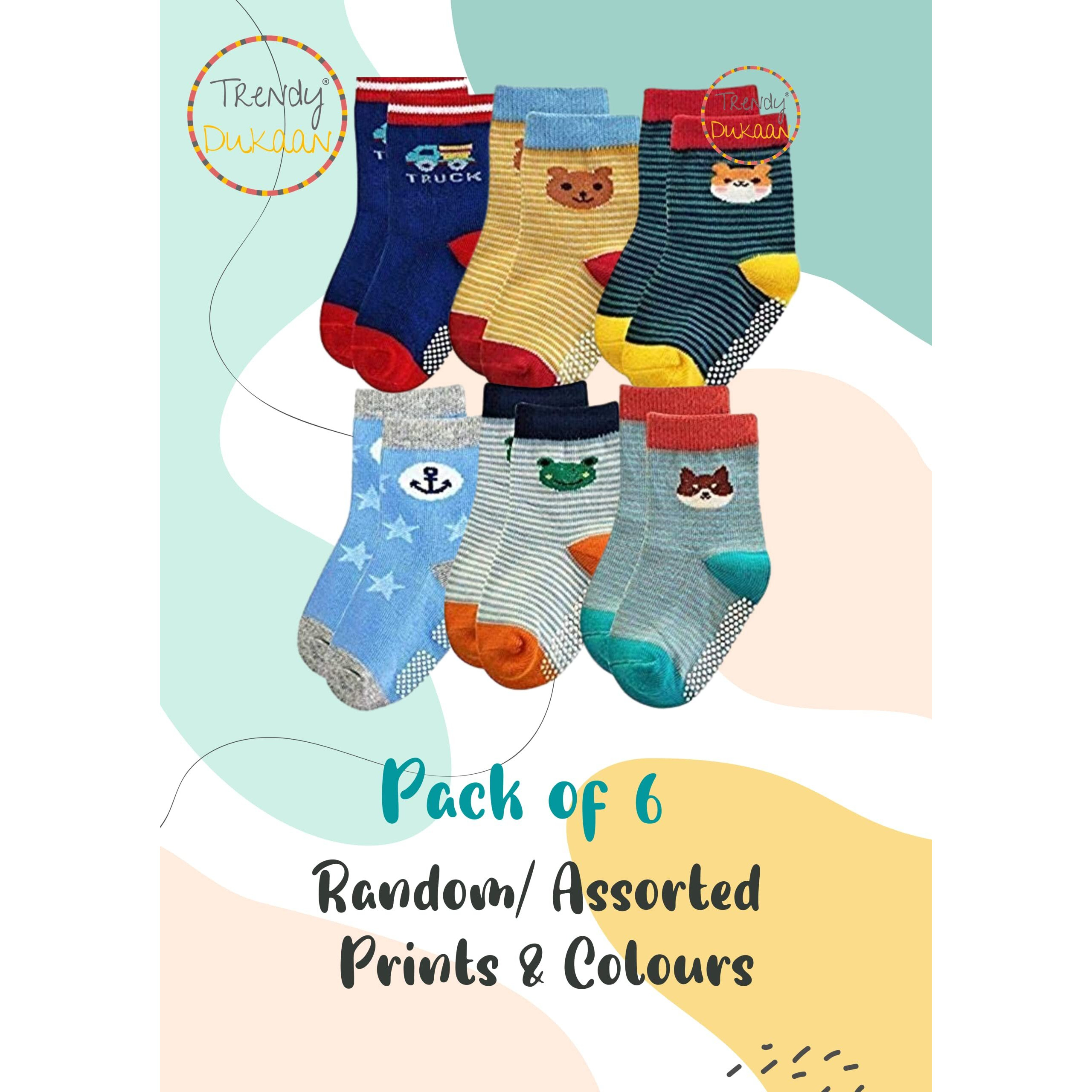 Trendy Dukaan Cotton Blend Boy's Anti Slip Grip Regular Socks, Pack Of 6 Pairs (Colors And Design May Vary 24-36 Months), Multicolor