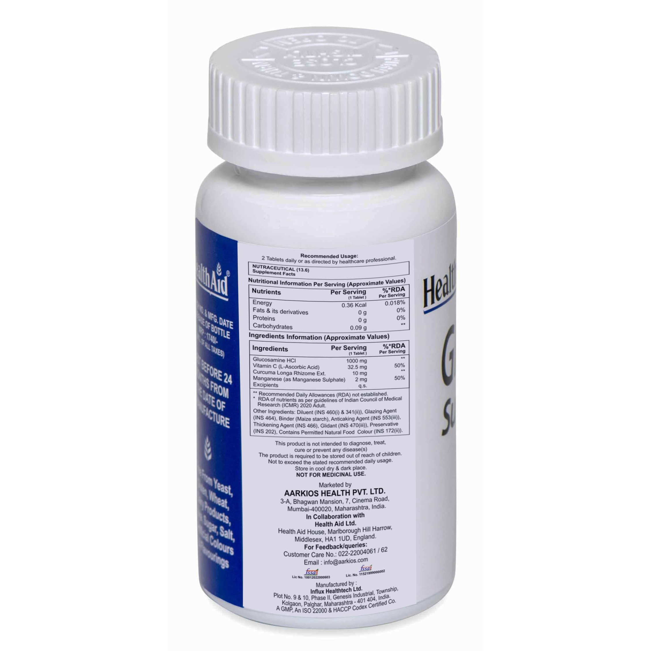 Healthaid Glucosamine Hcl 1000Mg With Vitamin C, Curcuma Extract & Manganese  30 Vegetarian Tablets For Joint Health, Flexibility, Mobility, Cartilage Support, Anti-Inflammatory & Bone Strength